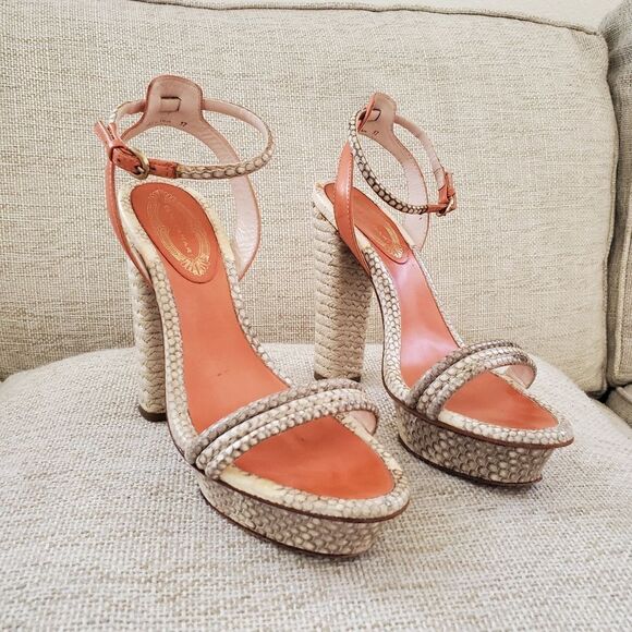 🌠 ELIE TAHARI 🌠 Snakeskin Leather Straw Platform Heels Sandals - [Size 6.5] - Picture 1 of 13